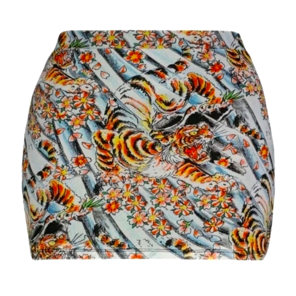 Y2k Ed Hardy Tiger Mesh Mini Skirt Woman XL Tattoo Art Flowers Fairy Grunge Nwt